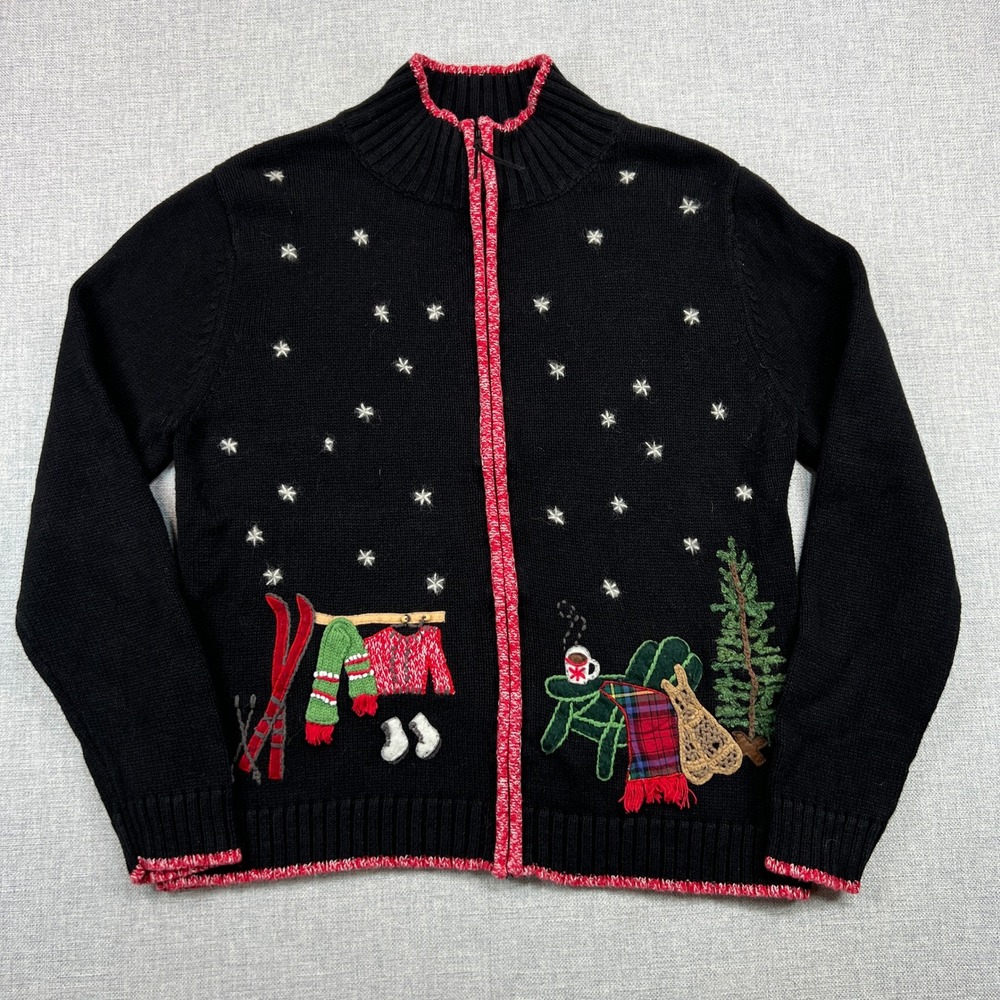 VTG‎ Coldwater Creek Snowflake Ski Scene Zip Up Cardigan Sweater Women L Holiday